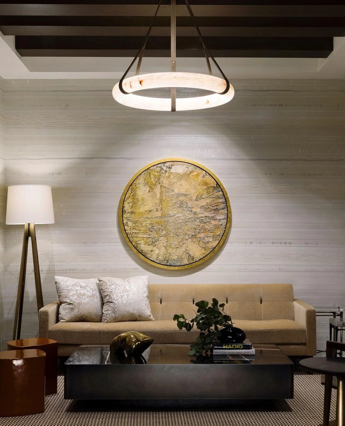  Lamina Sand  • SKU 11-0081 • Layers upon layers of marble and mica plasters create this stratified continuous linear pattern. Finished with jewel-like lines this paper can create a horizontal pattern that wraps around the environment seamlessly or c