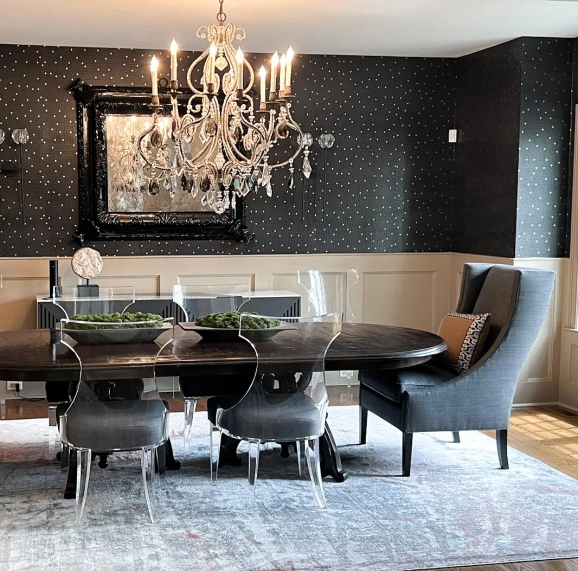  Gothic Leaf Charcoal Copper  • SKU 14-0189 • A clear unblemished sky of tiny stars gently reflecting light in this irregular grid of dimensional plaster crosses and hand-applied metal leaf.