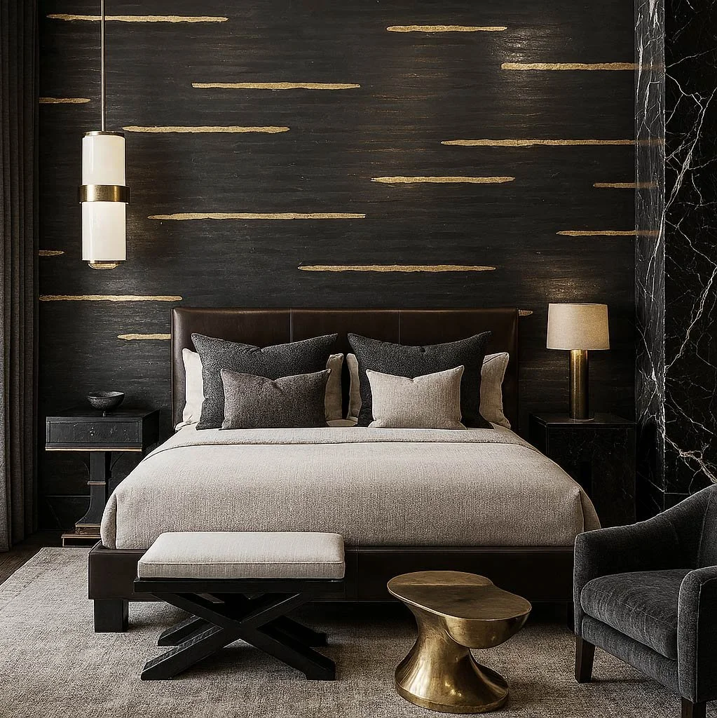  Vela Leaf Jet 22.5k Gold  • SKU 19-1074 • Vela Leaf pairs soft organic stripes with hand-applied metal leaf, delivering a rich yet restrained statement of refined, layered luxury.