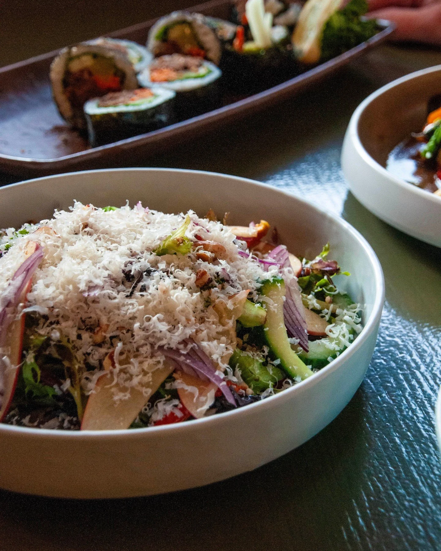 Starting the week on a bright note. Our Korean Green Salad mixes crisp greens, apple, cucumber, roasted tomatoes, red onion, garlic croutons, pecans, and plenty of Parmigiano &mdash; all brought together with a tangy Korean-style vinegar dressing.

L