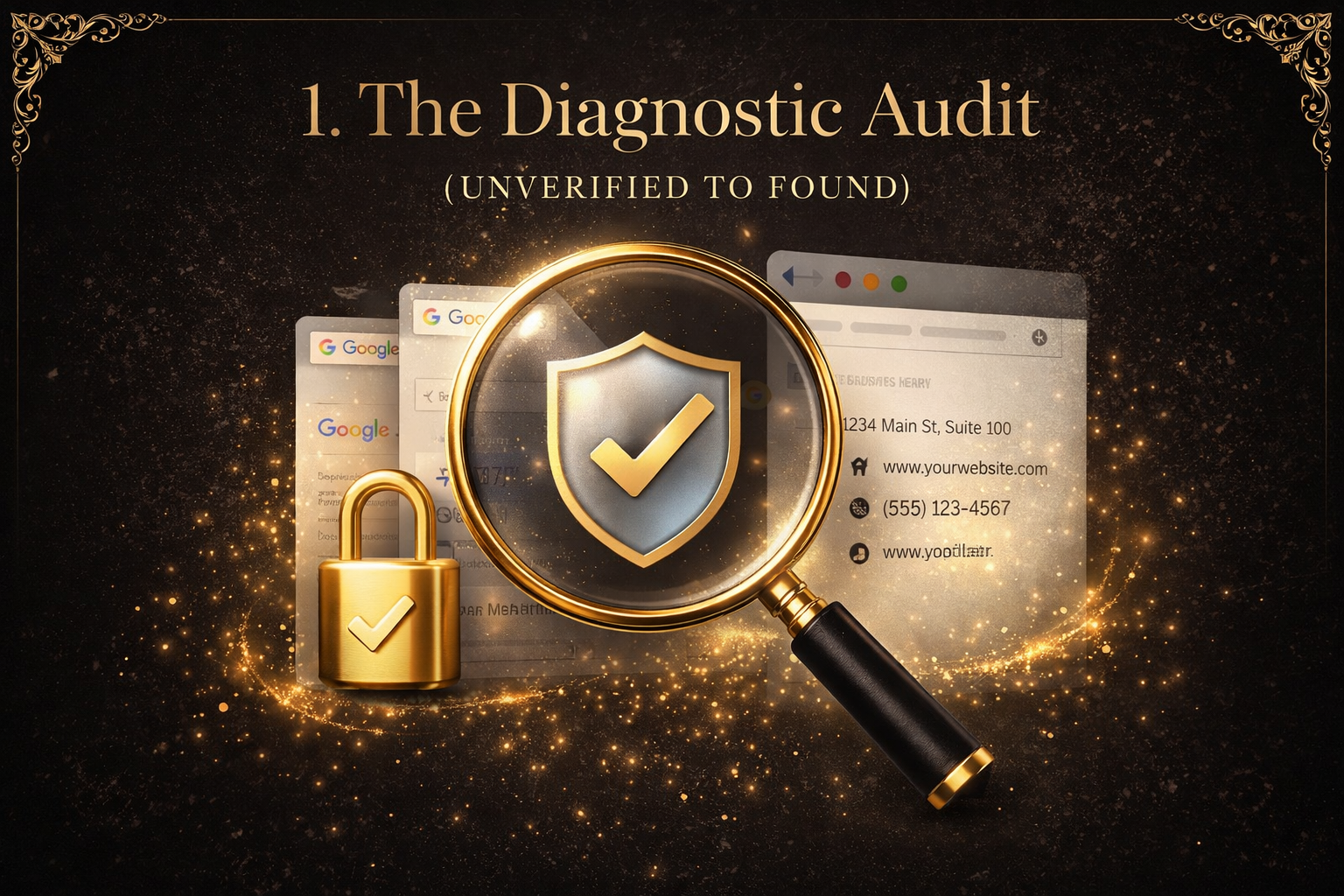 Professional Google Business Profile audit and verification services for North Texas businesses, featuring security shield and magnifying glass iconography.