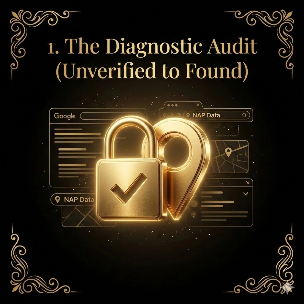 A high-end, minimalist visual representing the technical forensic audit and NAP synchronization process used by Affordable Marketing Partners to secure a business's digital footprint.