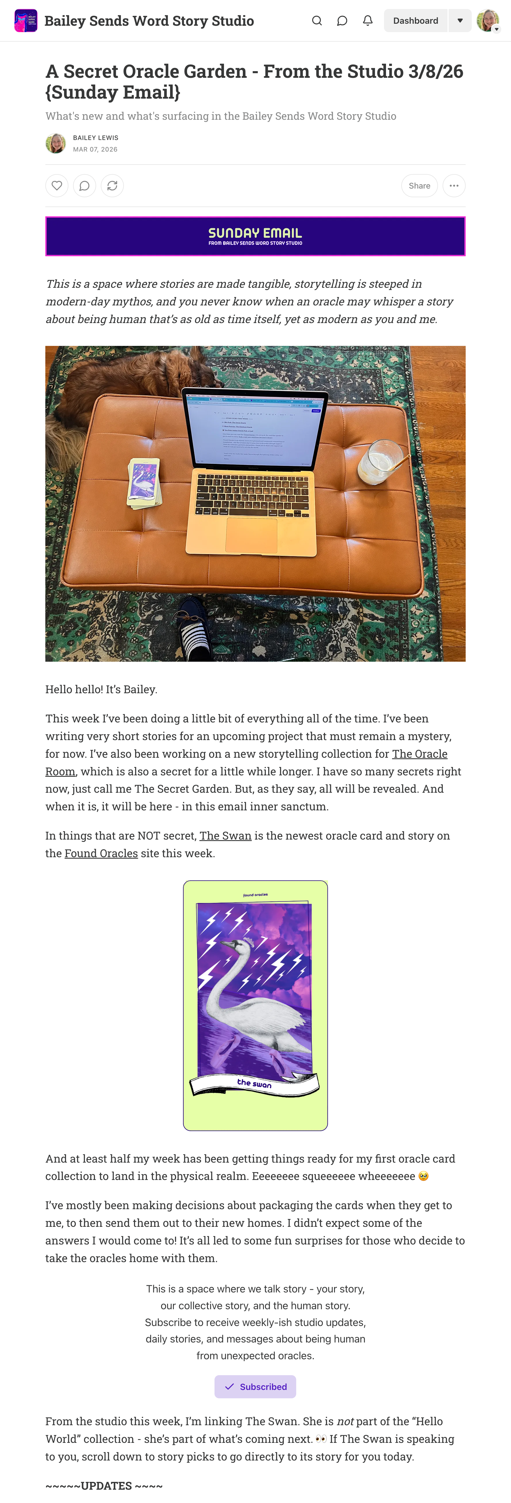 A preview image of the Secret Oracle Garden email from the Bailey Sends Word Story Studio which went out on March 8, 2026 and showcases the projects going on in the studio, The Swan oracle card, and a little story about Bailey's week.