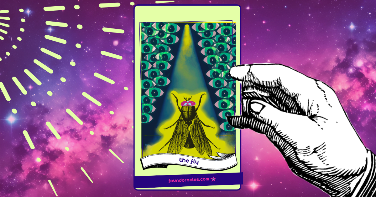 A collage art oracle card showing a fly surrounded by acid yellow smoke and light standing under a spotlight high above it surrounded by swarms of open seeing eyes. An antique scroll reads The Fly. Found Oracles