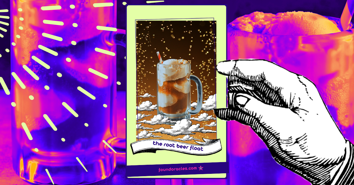 A collaged root beer float oracle card showing a photo root beer float with line art clouds on a bubbly background spotlit by twinkling lights. The card is held by a line art hand on top of a purple and pink background. foundoracles.com