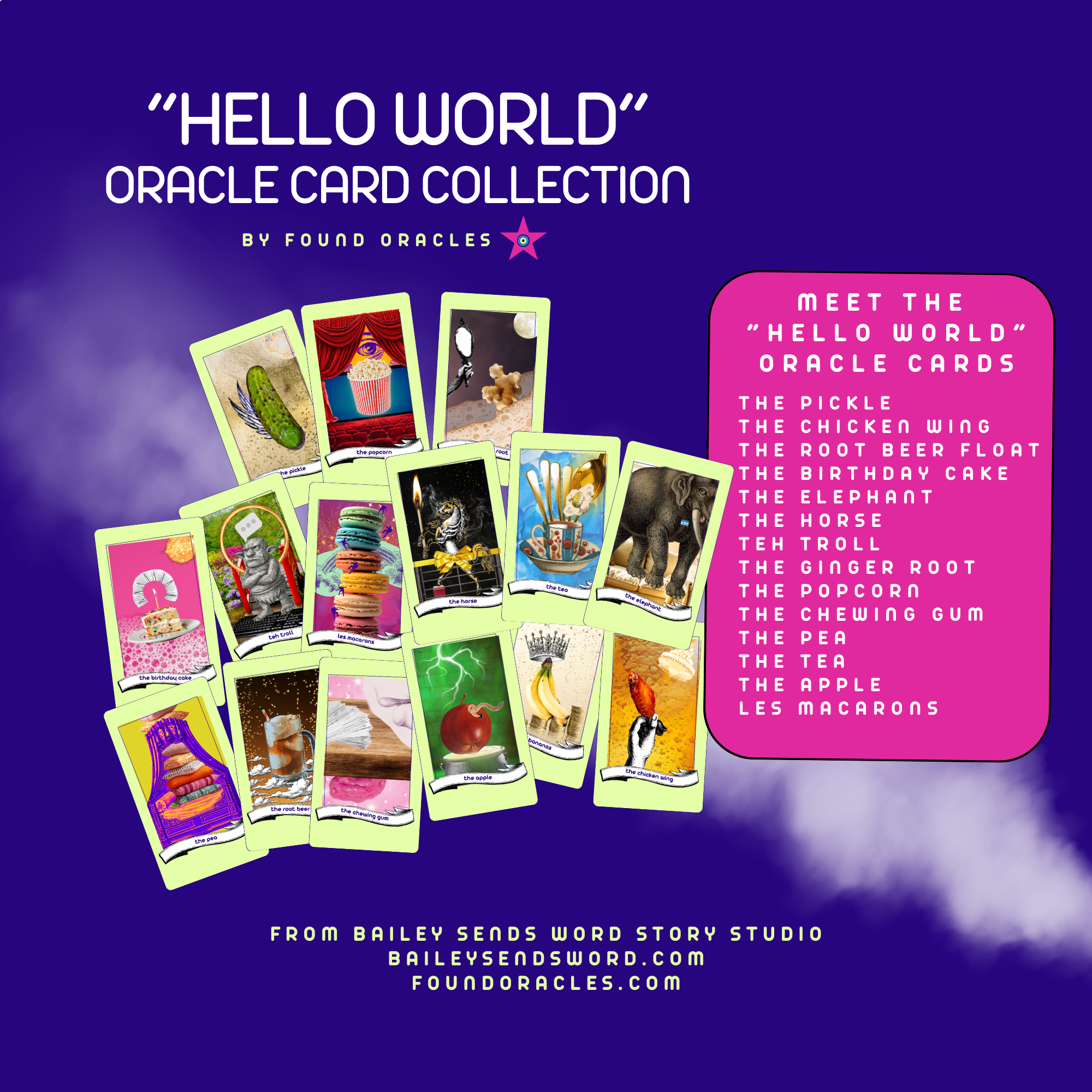 Shows the "Hello World" oracle card collection by Found Oracles  with a list of oracle cards in the collection. From Bailey Sends Word Story Studio baileysendsword.com foundoracles.com