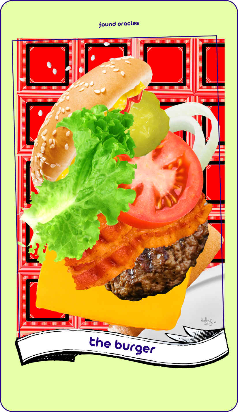 A collage art oracle card showing a burger just flipped from its plate disassembling in mid-air with square checkboxes behind. The Burger. Found Oracles.