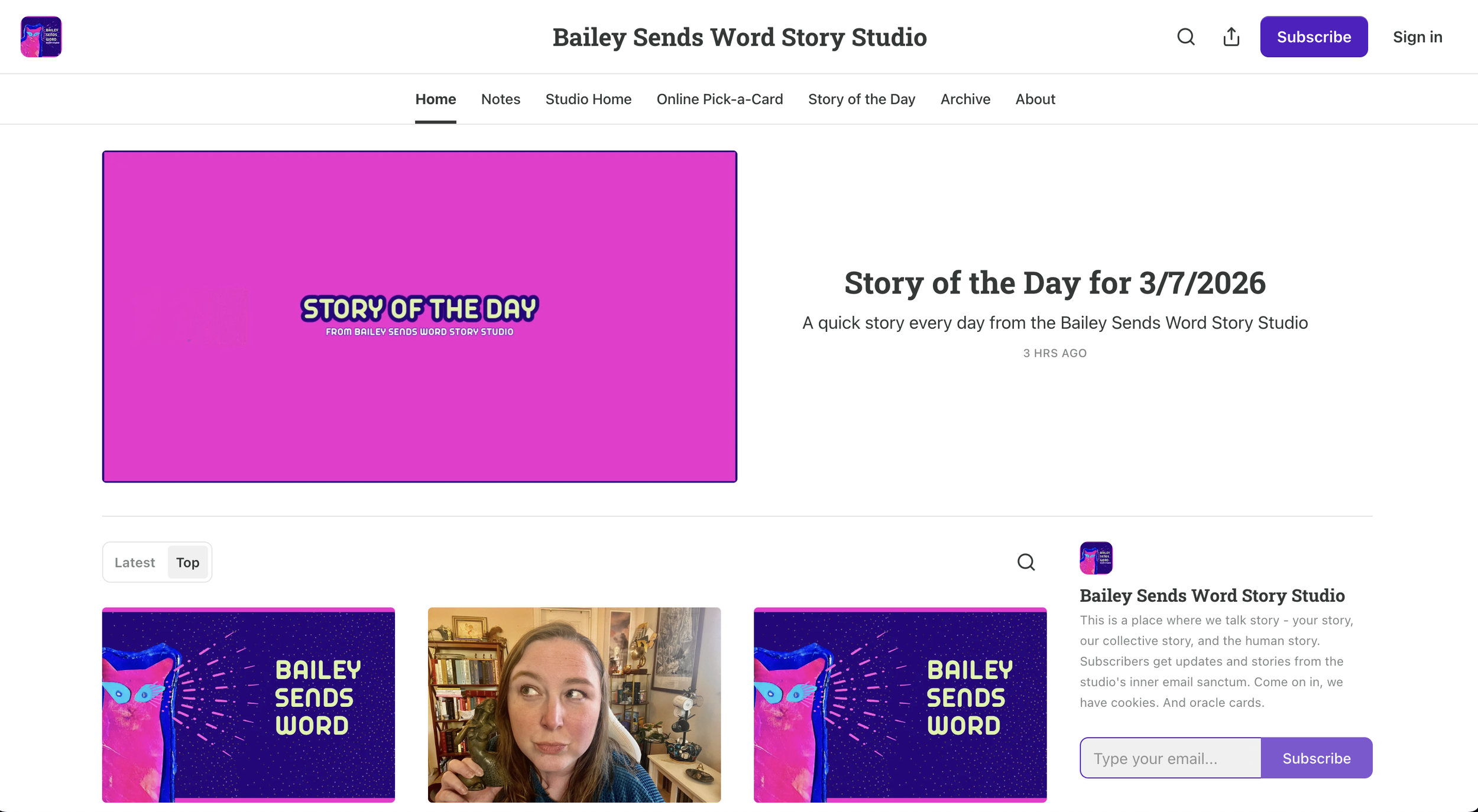 A preview screen shot of the Bailey Sends Word Story Studio home page on Substack. Shows a Story of the Day post, Sunday Email posts, and an article post from the studio.