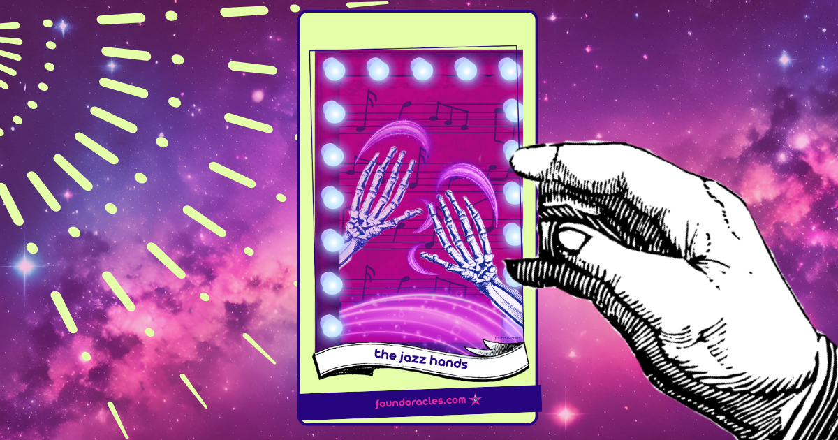 A mysterious hand appears from the cosmos to present an oracle card showing purple jazzy skeleton hands shaking and making purple light in front of a piece of music. One hand is in front of a lighted mirror and the other inside of it. Found Oracles