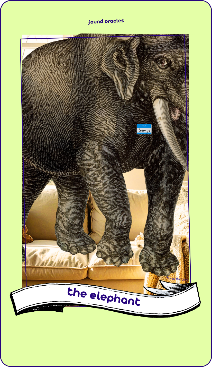 A collaged oracle card shows an antique line art elephant standing on a photo couch having just come through the window. The elephant wears a nametag that says George. Text says The Elephant. Found Oracles.