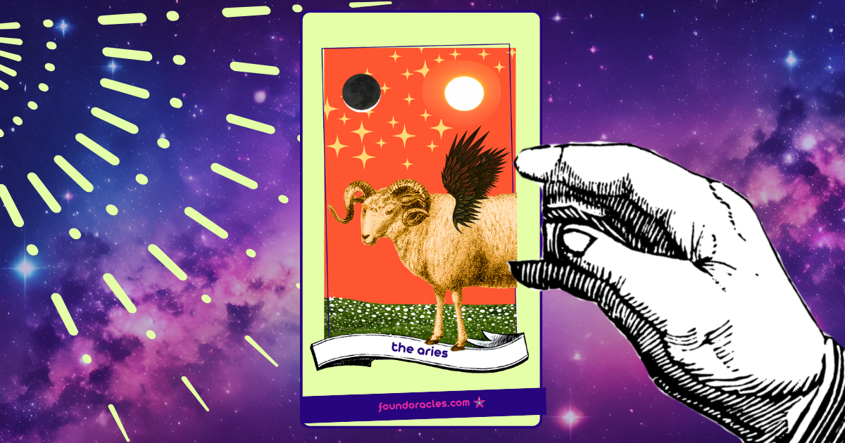 A collage art oracle card showing a golden ram with black wings standing in a field spotted with white flowers under a red starry sky with a sun and a black crescent moon. An antique scroll reads The Aries. Found Oracles