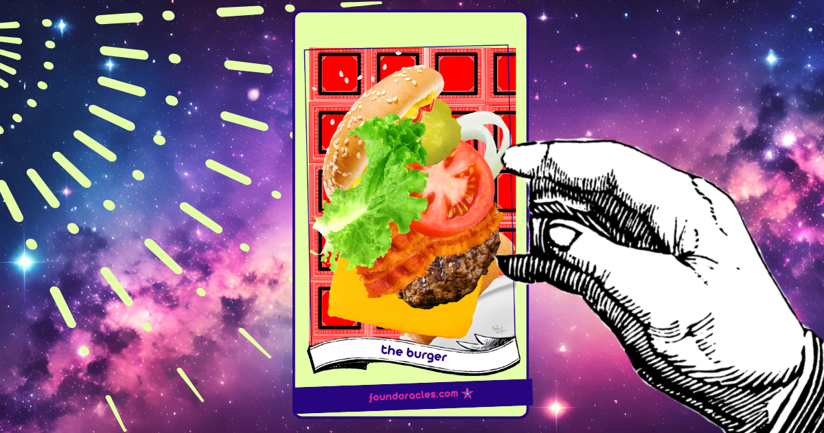 A collage art oracle card showing a burger in mid air just flung from a plate with all of its parts flying but still part of the whole on a background of square boxes. The Burger. Found Oracles.