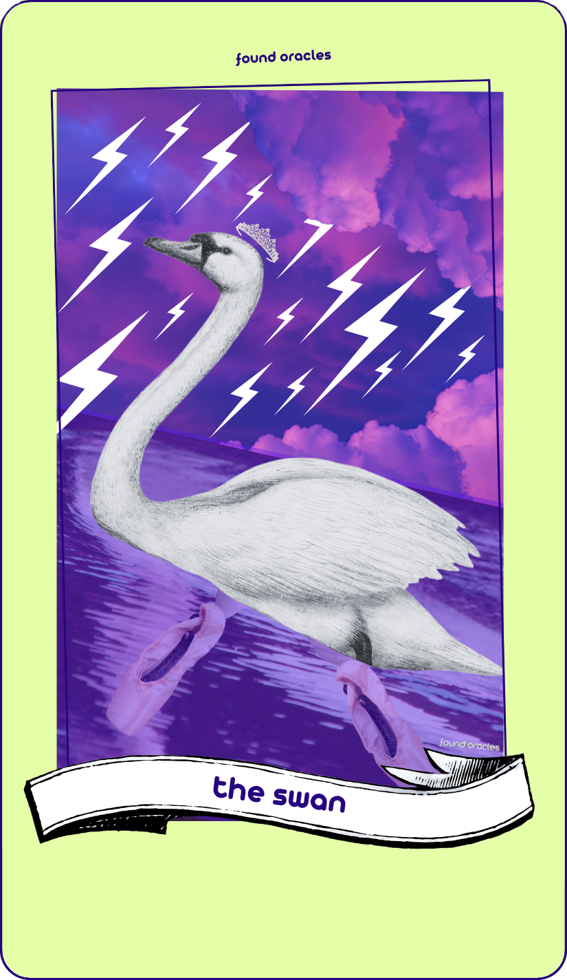 A collage art oracle card shows a swan wearing a crown and ballet pointe shoes on a purple lake under a purple stormy sky with white lightning bolts all around her. An antique scroll reads The Swan. Found Oracles