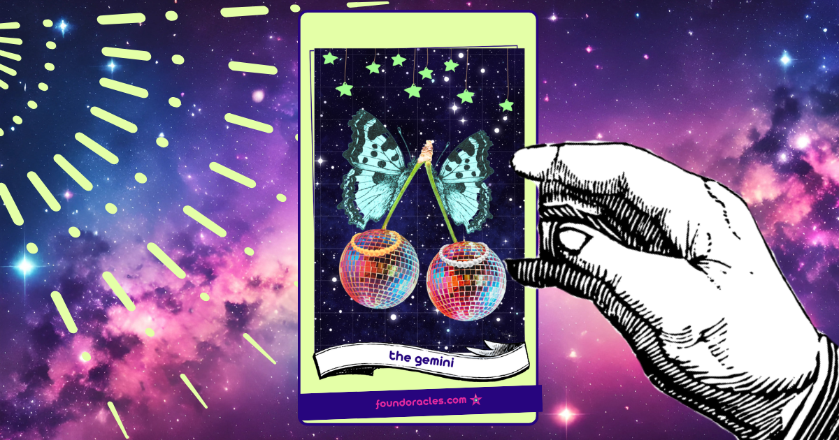 Collage art oracle card presented by a cosmic hand showing twin disco balls on a cherry stem with a butterfly on either side. One disco ball wears a gold necklace, one a silver necklace. The Gemini. Found Oracles
