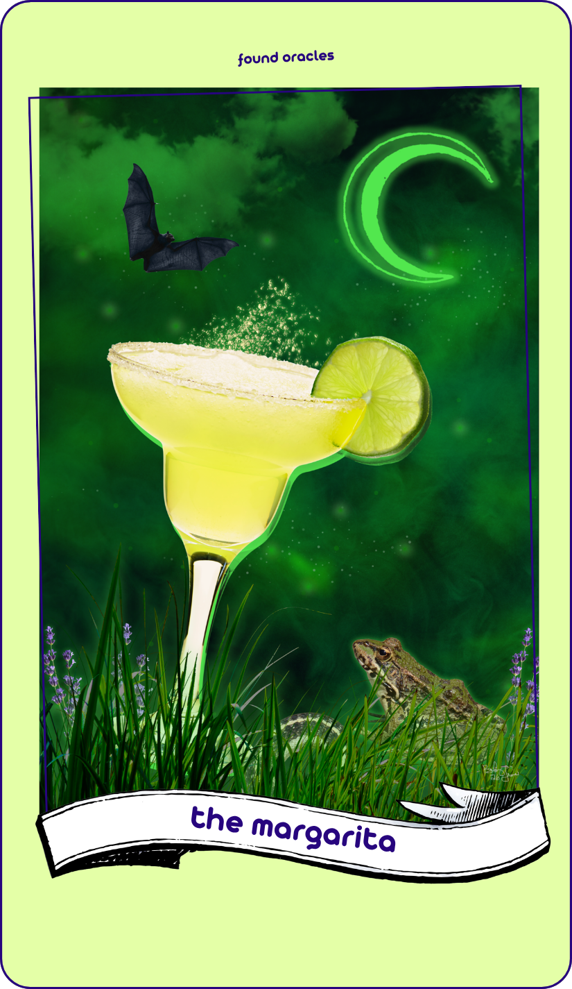 A collage art character of a yellow and green blended margarita under a green glowing crescent moon sitting in the grass next to a frog, a snake, lavender, and a bat above. The Margarita. Found Oracles