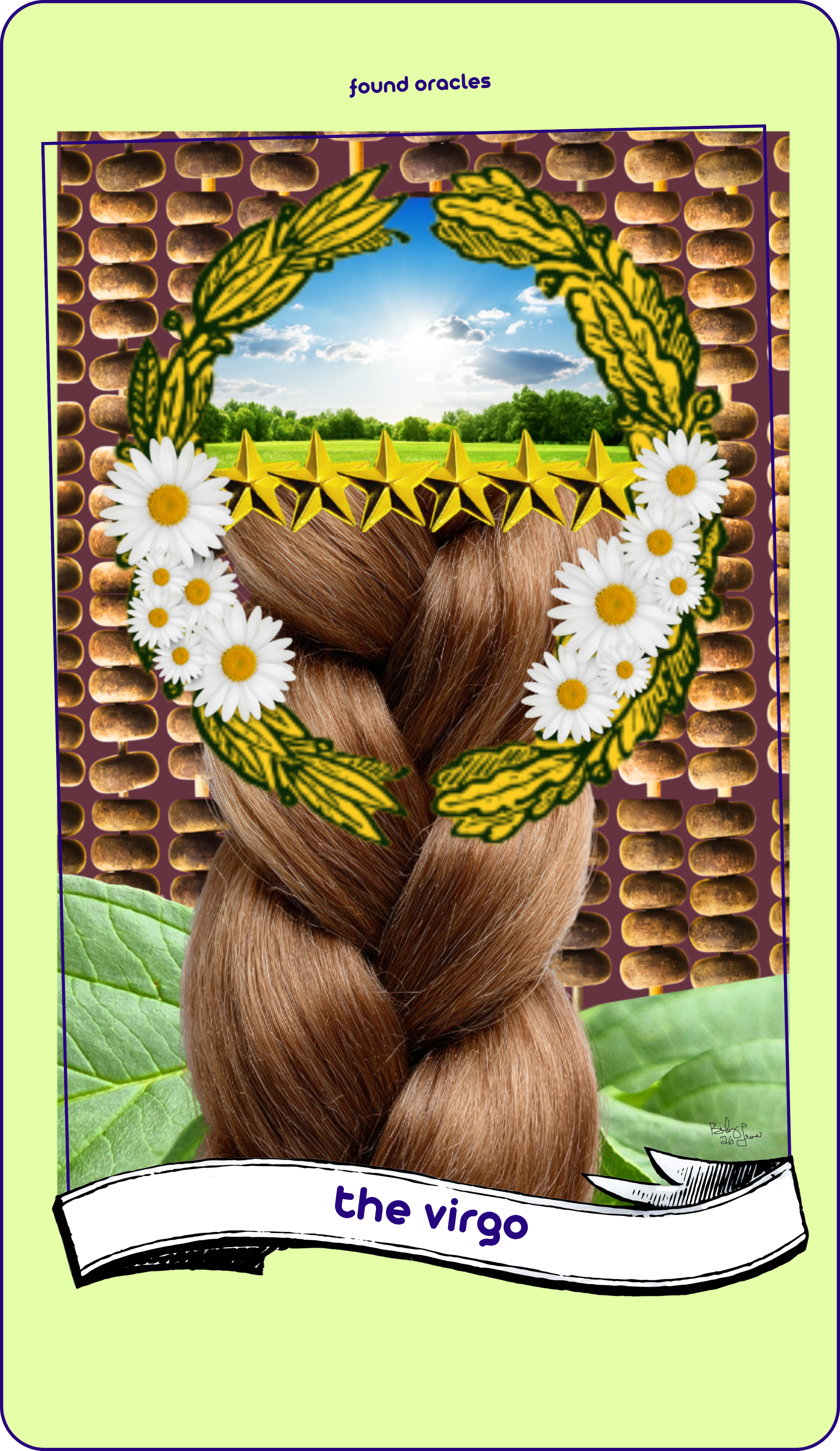 Illustration of the Virgo zodiac sign with a background of a blue sky, green field, and trees. The sign is framed with a wreath of daisies and yellow stars, with a braid of brown hair intertwined at the bottom.