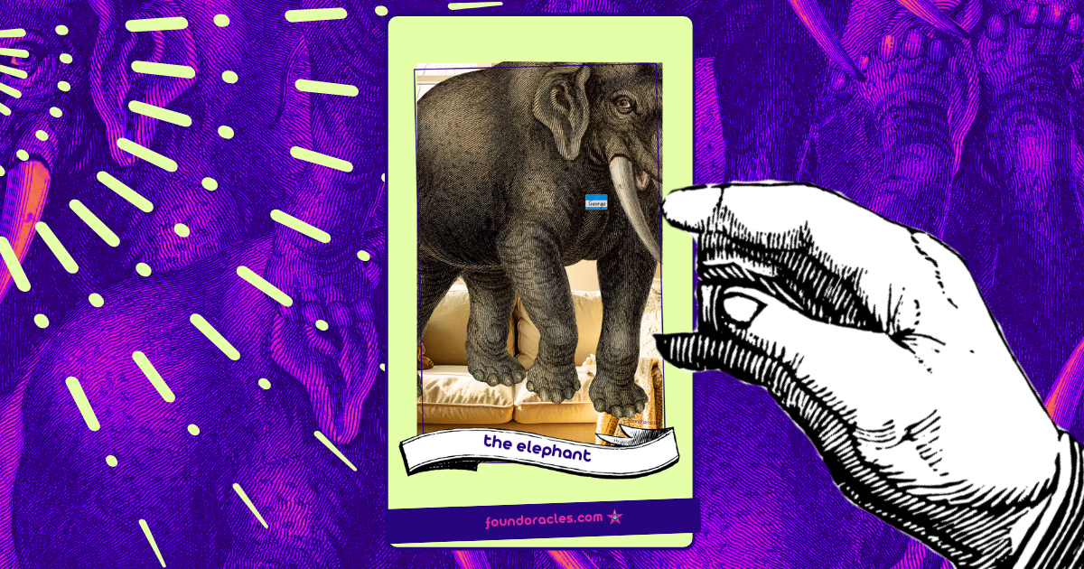 A collaged elephant oracle card on a pink and purple background held by a line art antique hand with a green starbust behind it. Foundoracles.com