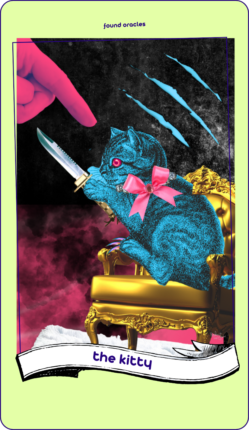 Collage art blue fluffy kitty wearing a pink bow sitting on a gold throne in a dark room with slash marks behind it, pointing a blade at an enormous hand in mid-poke. The Kitty. Found Oracles.