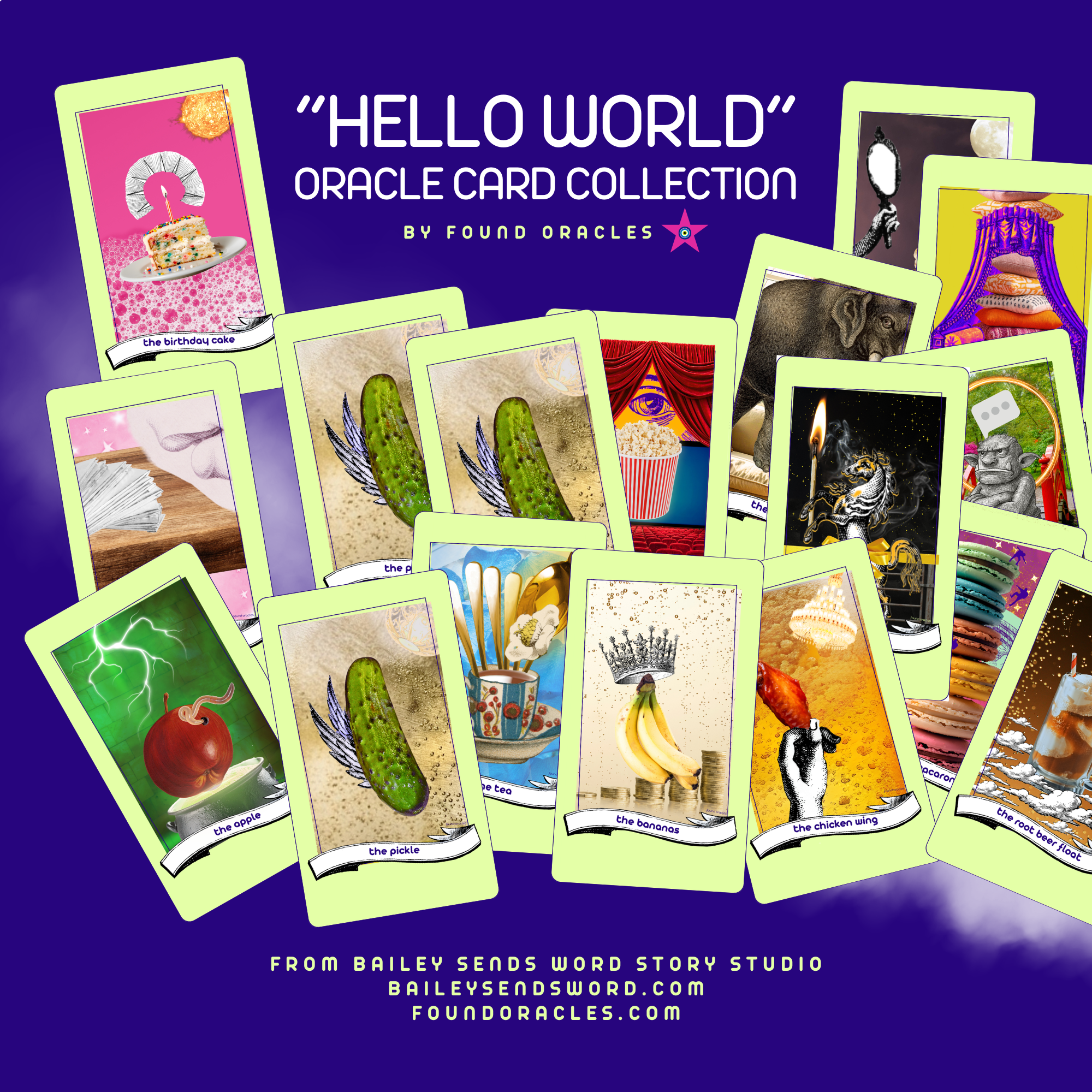 Shows all 15 cards in the Hello World Oracle Card Collection by Found Oracles and from Bailey Sends Word Story Studio. Cards are listed at the image link. baileysendsword.com foundoracles.com