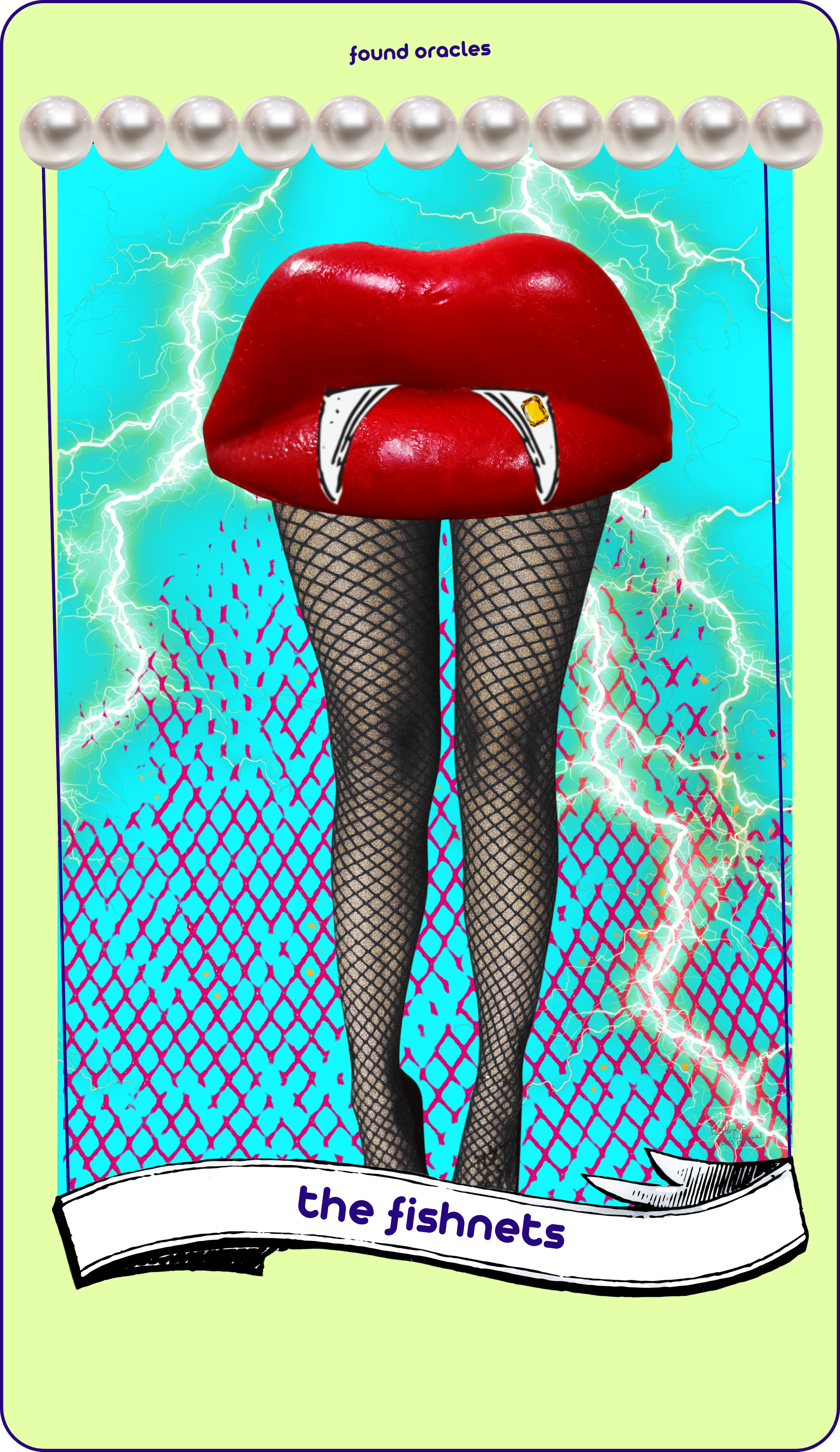 A collage art character showing a pair of large red lips with a fangs and a gold tooth gem wearing black fishnet stockings on a blue and red fishnet texture surrounded by lightning strikes. The Fishnets. Found Oracles