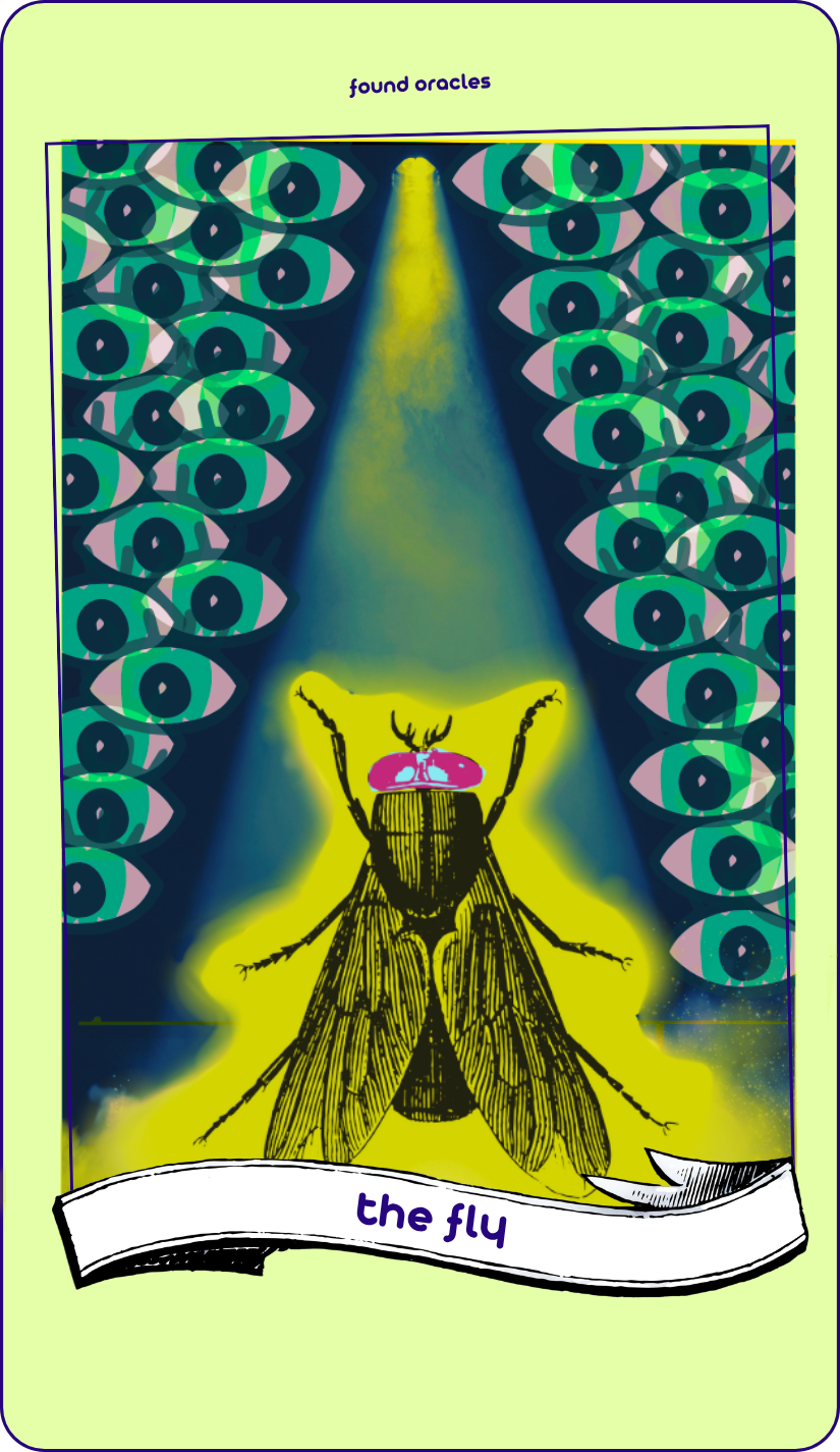 A collage art oracle card showing a fly surrounded by acid yellow light and smoke standing under a spotlight way up above and surrounded by open seeing eyes. An antique scroll reads The Fly. Found Oracles