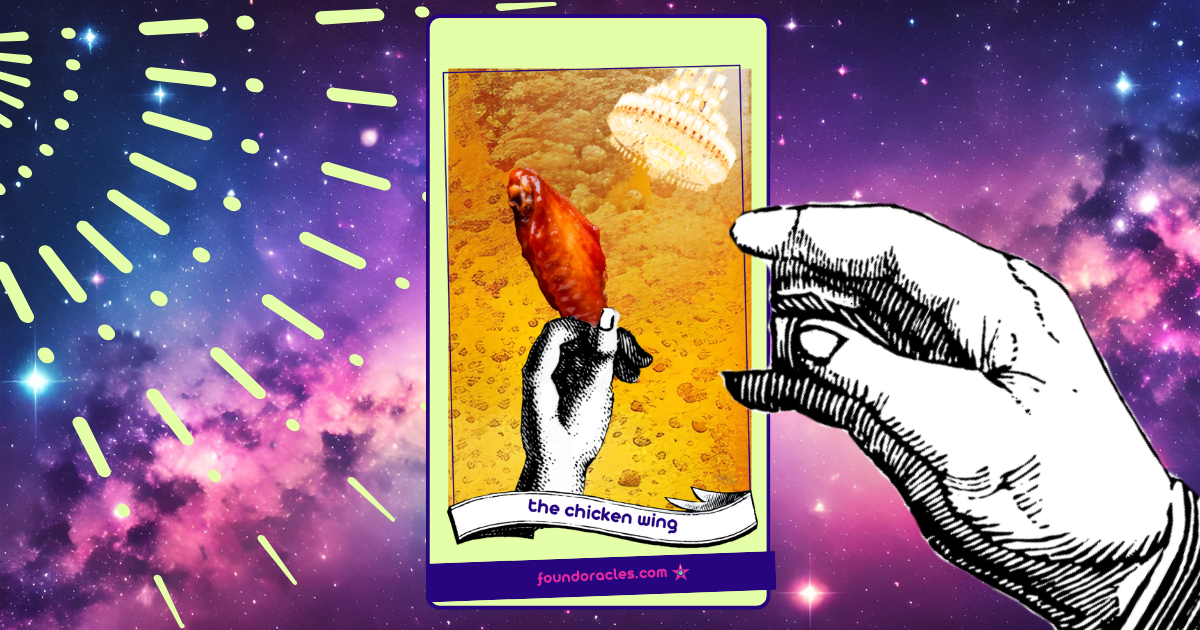 A collage art oracle card that says the chicken wing showing a wing held by an antique line art hand under the light of a chandelier on a background of bubbles, presented on a purple background by another antique line art hand.
