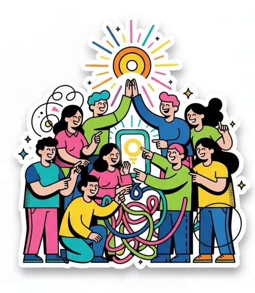 Colorful illustrations of people, gears, graphs, puzzle pieces, and scientific symbols connected by lines, representing teamwork, and scientific innovation. Symbolizes one part of the Grow Together Framework @ the Coulda Woulda website