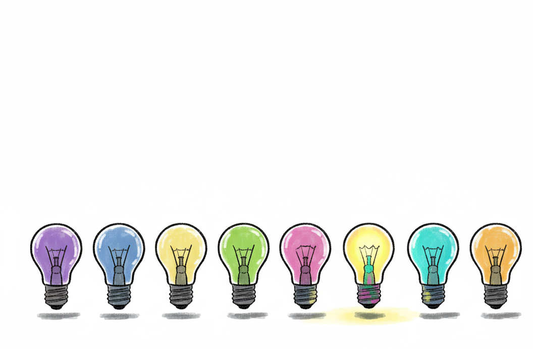 Eight colorful light bulbs in a row, with two bulbs lit and glowing yellow, teal, and shining brightly.