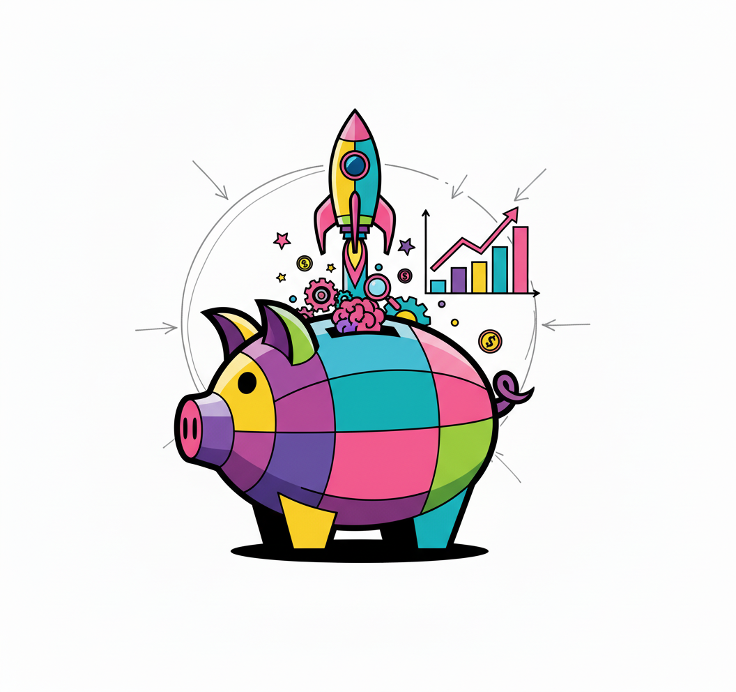 A colorful, cartoon pig with segments of purple, yellow, pink, blue, and green, representing a piggy bank. Above it, a rocket, gears, and a brain are depicted, with a graph showing upward growth in the background. The illustration symbolizes financial growth and innovative ideas.