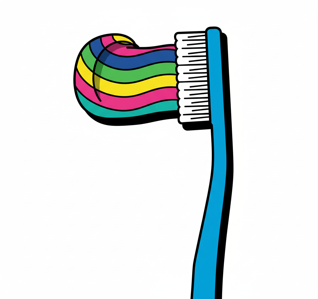 A cartoon toothbrush with rainbow-colored hair on it. Symbolizes one part of the Grow Yourself Framework: Build Habits that Stick @ Coulda Woulda where you can grow skills that help you as a parent and leader. Get Inspired to grow one step at a time.