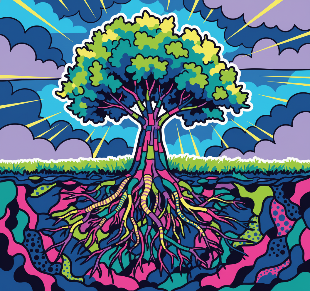 A colorful, stylized illustration of a tree with exposed roots, set against a backdrop of stormy clouds and lightning, with a bright horizon and grassy foreground.