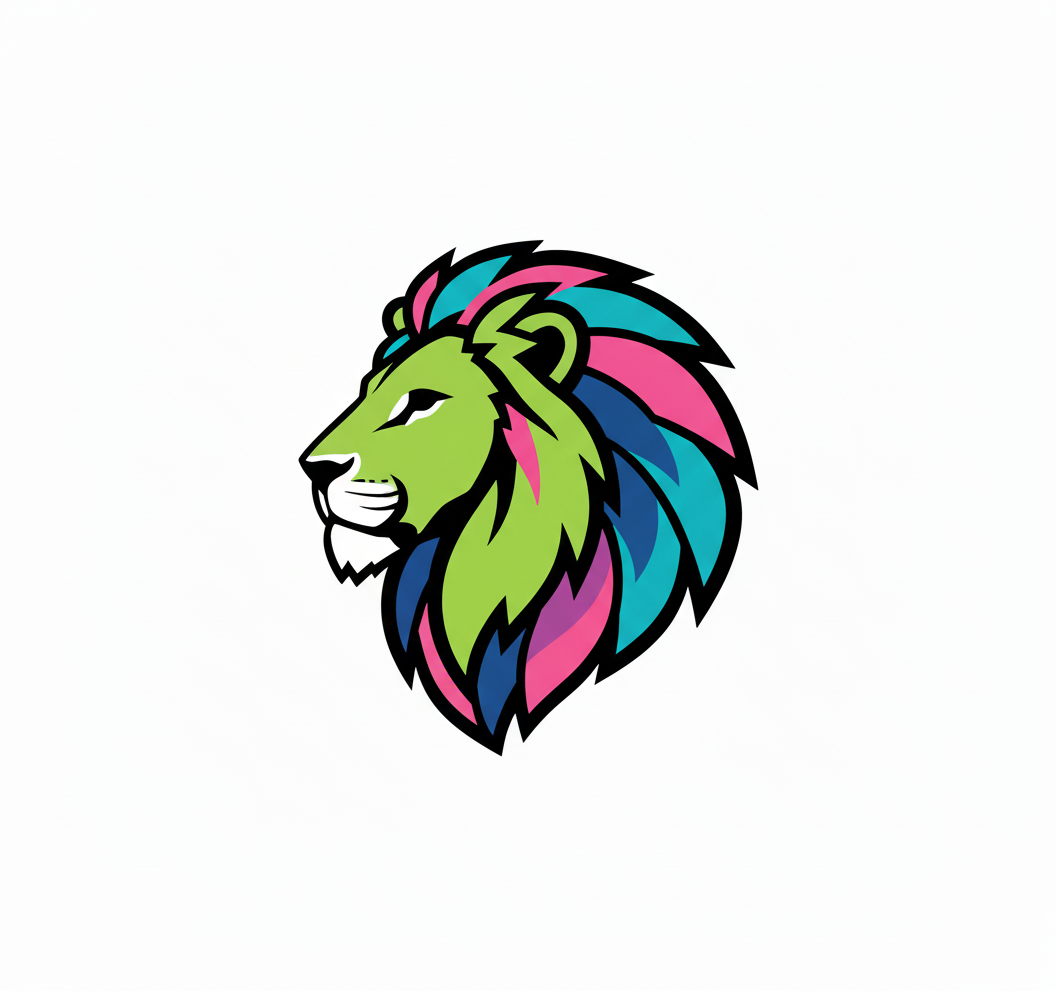 A stylized lion's head logo in bright colors, including green, pink, blue, and black outlines. Symbolizes one part of the Grow Yourself Framework: Lead With Courage and Purpose.