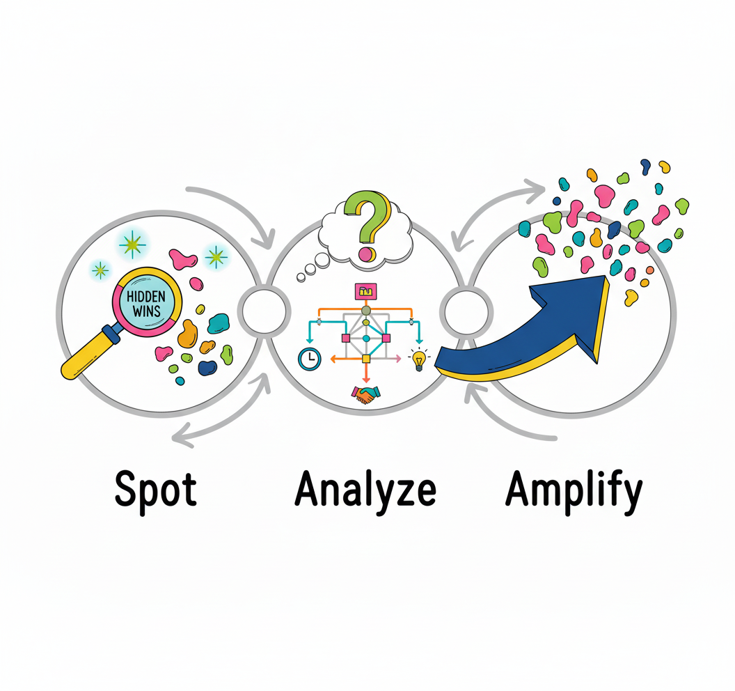 A diagram showing the steps of a process: Spot, Analyze, Amplify. Symbolizes one part of the Grow Others Framework for Teams and Families and Parents @ Coulda Woulda - Find the Bright Spot, a Tool from Change Management