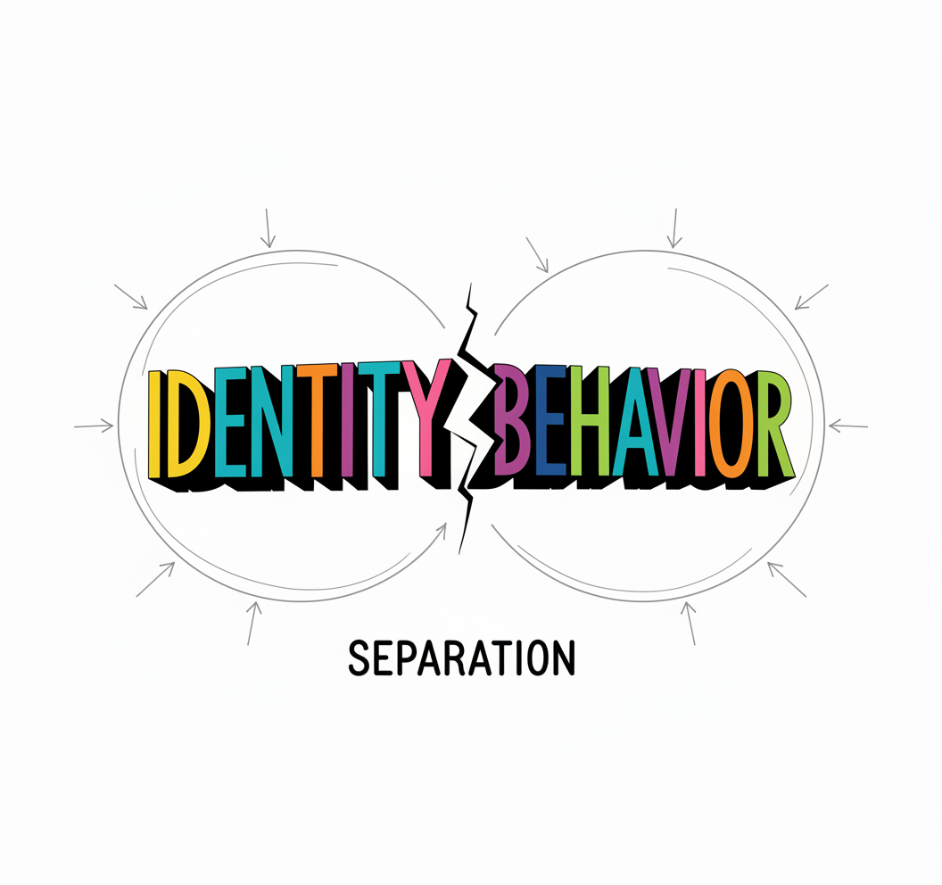 Illustration: Learn the skills to help others change. Framework for Growth and Building the Skills you need - Leadership - Science Backed Tools at Coulda Woulda for leaders, parents and humans.Identity and behavior separation.