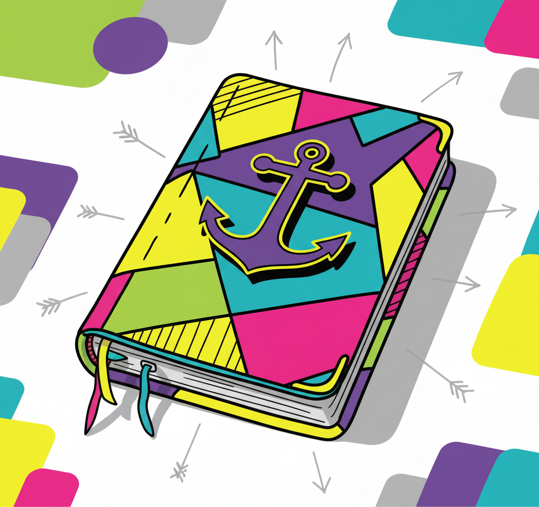 Colorful illustrated notebook with an anchor symbol on the cover, surrounded by abstract shapes and arrows.