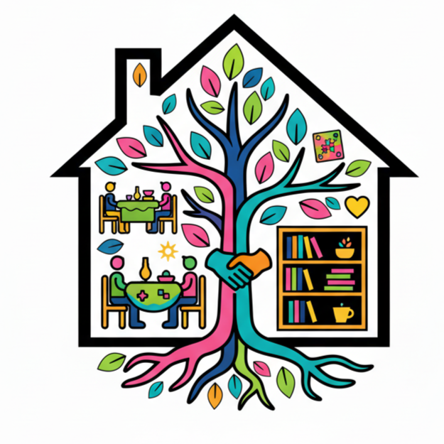 Colorful illustration of a house with a tree inside, featuring two hands shaking at the center, representing unity and community, with rooms showing people dining and a bookshelf. Symbolizes one part of the Grow Together Framework For Families.