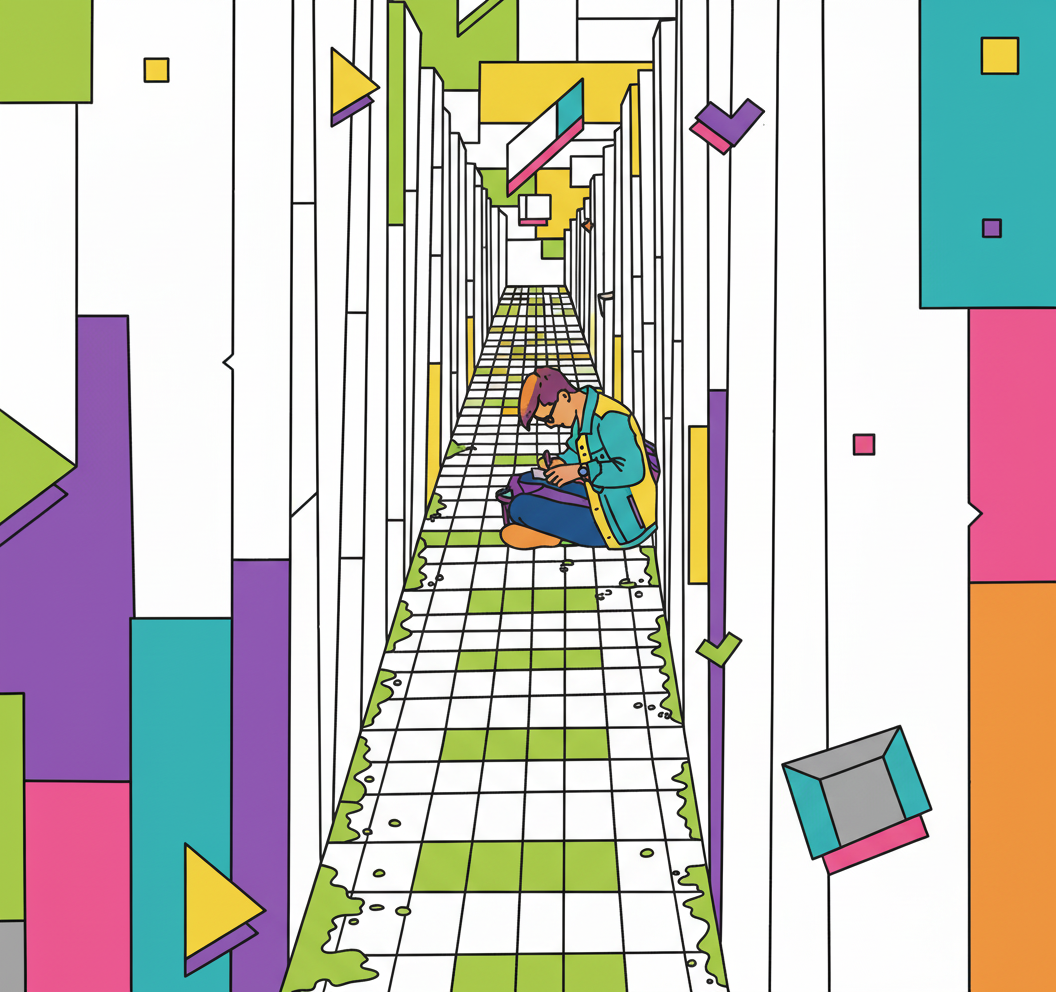A person sitting on the floor of a narrow hallway. Used to introduce one part of the Grow Yourself Framework for Leaders and Parents @ Coulda Woulda - Science Backed Tools for Change Management