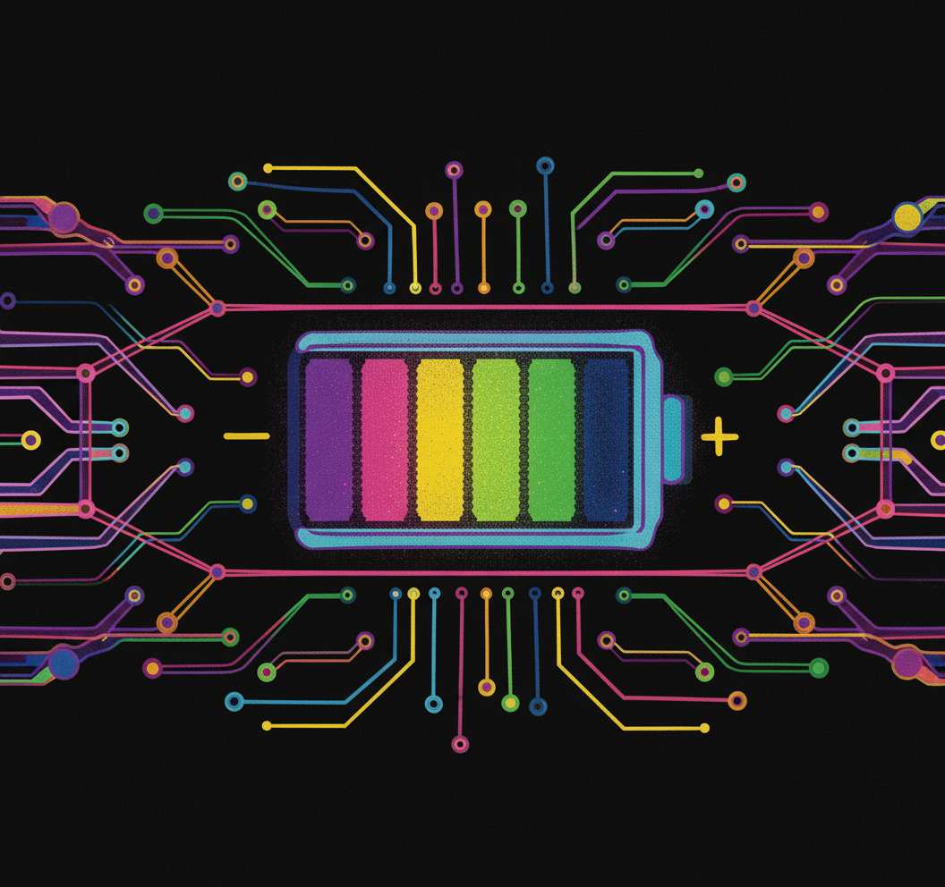 Illustration of a colorful, pixel-style battery. Symbolizes one part of the Grow Yourself Framework:  Protect Your Time and Energ @ Coulda Woulda where you can grow skills that help you as a parent and leader. Get Inspired to grow one step at a time.