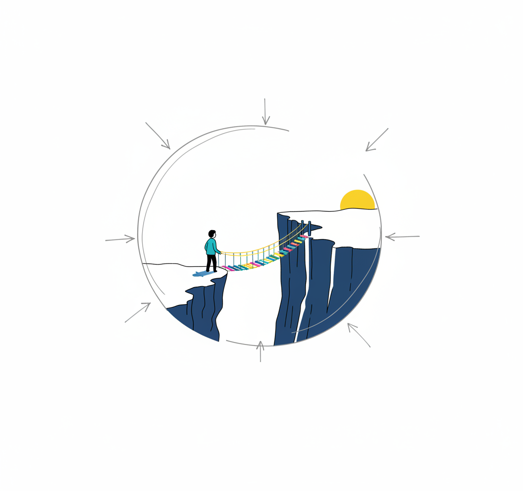 Illustration of a person crossing a rope bridge between two cliffs with a sunset in the background. Symbolizes one part of the Grow Others Framework: Point to the Destination.
