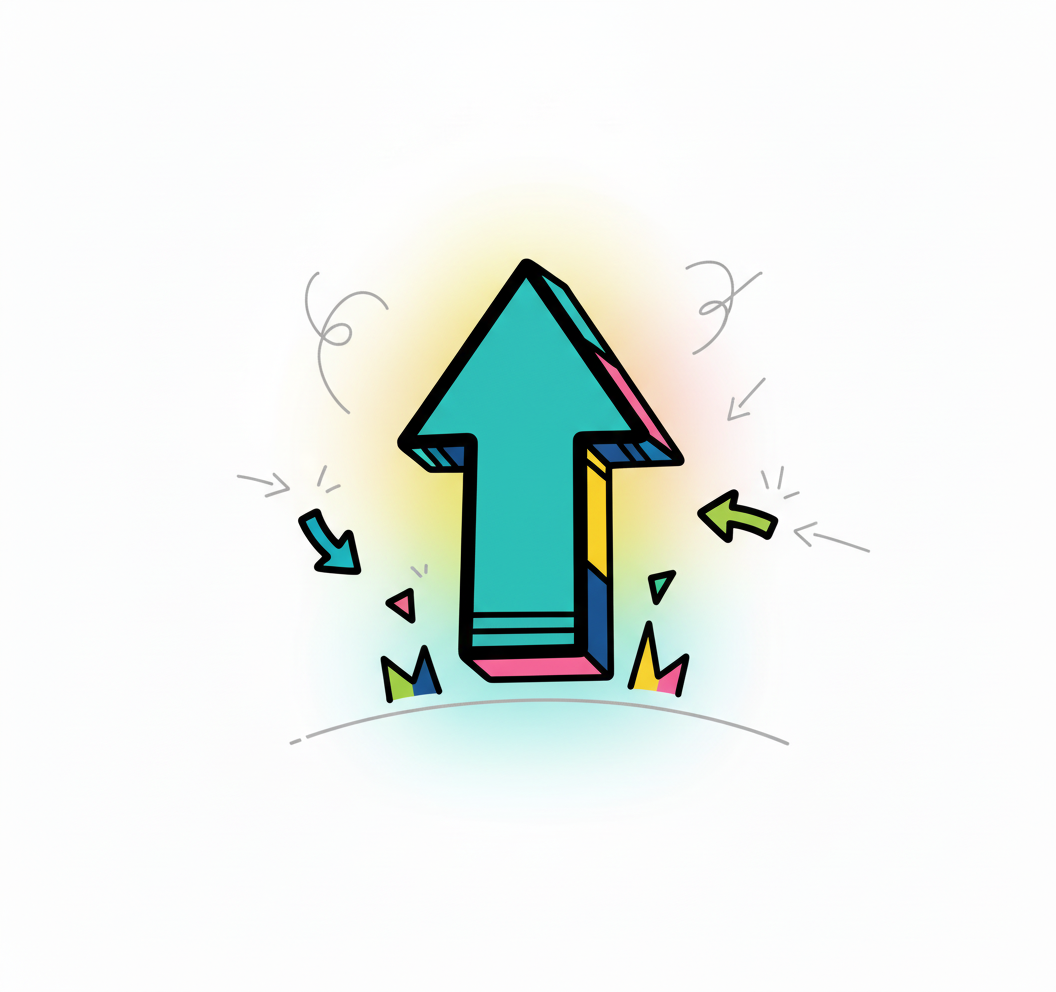 Bright, colorful cartoon arrow pointing upward with decorative elements surrounding it. Symbolizes one part of the Grow Others Framework: Point to the Destination @Coulda Woulda