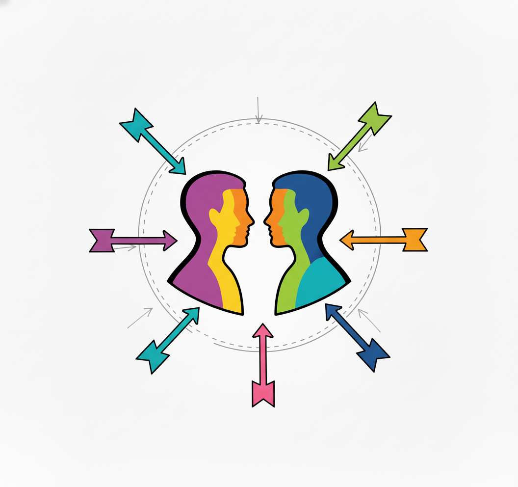An illustration of two human profiles facing each other with colorful backgrounds, Used to introduce one part of the Grow Yourself Framework for Leaders and Parents @ Coulda Woulda - Science Backed Tools to BuildSkills.