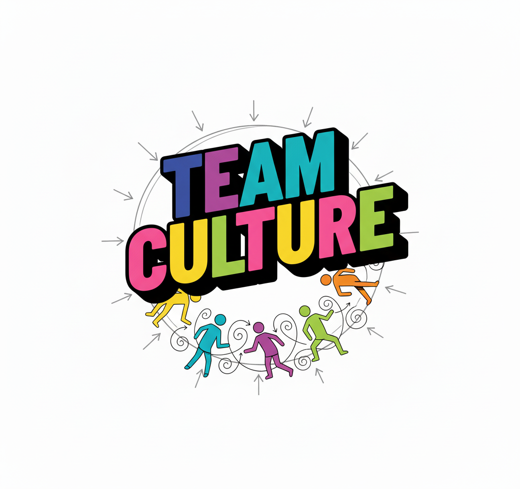 Colorful text that says 'TEAM CULTURE' surrounded by abstract human figures and arrows, symbolizing teamwork and collaboration. Used to Show the Grow Together Aim for the Coulda Woulda Website
