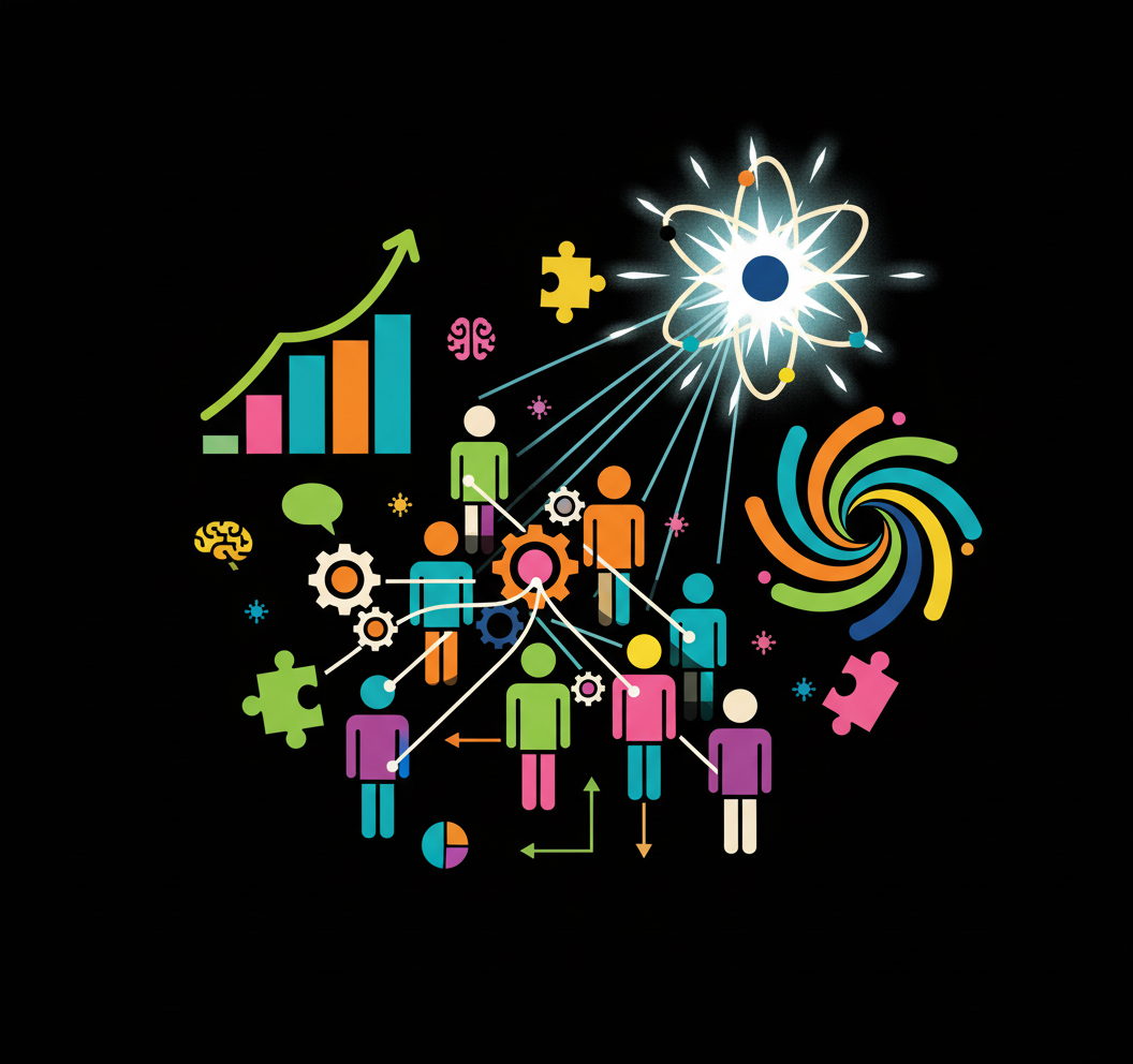 Colorful illustrations of people, gears, graphs, puzzle pieces, and scientific symbols connected by lines, representing teamwork, and scientific innovation. Symbolizes one part of the Grow Together Framework @ the Coulda Woulda website