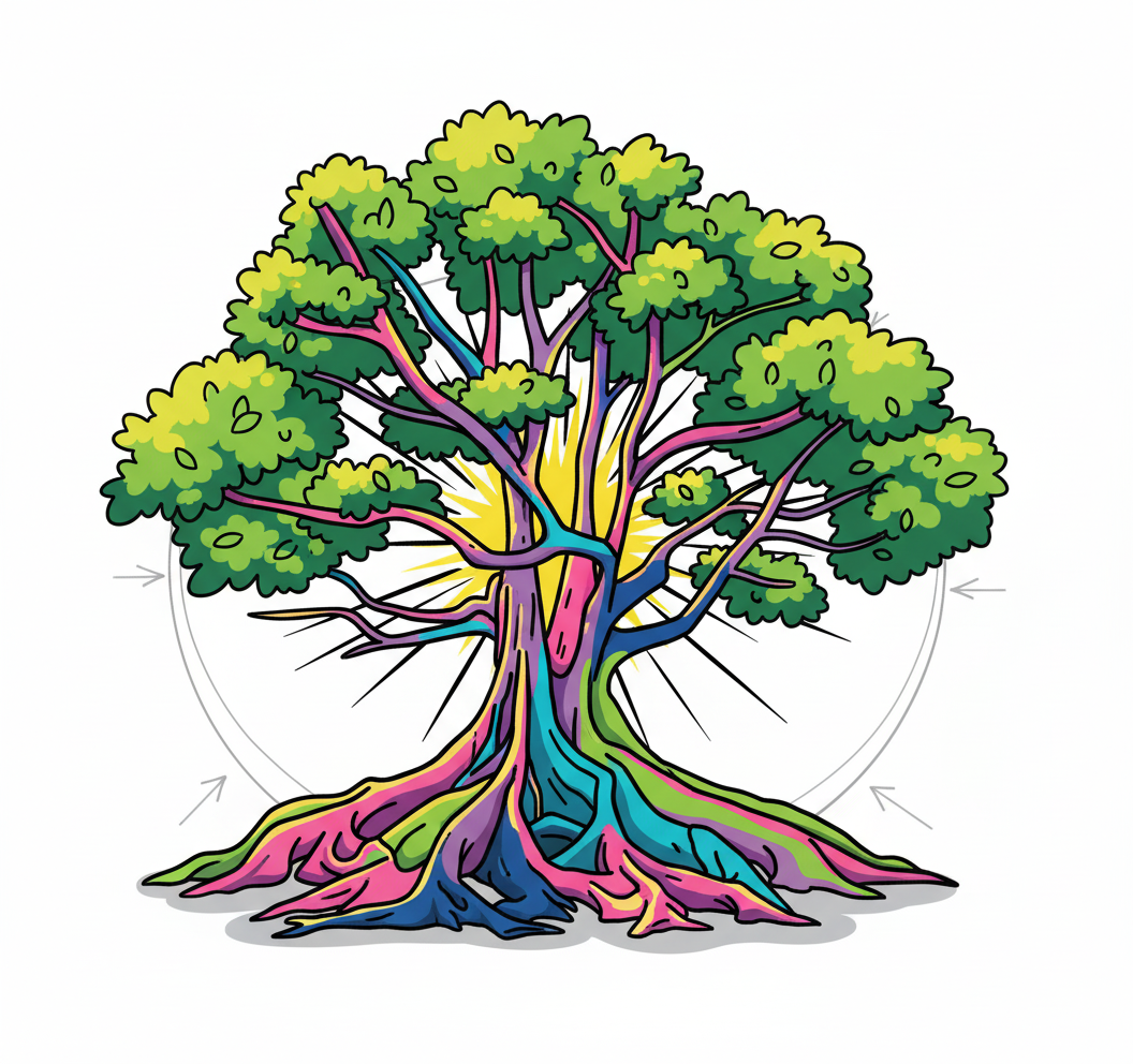 Colorful illustration of a tree with vibrant, rainbow-colored roots, trunk, and branches, and green foliage.