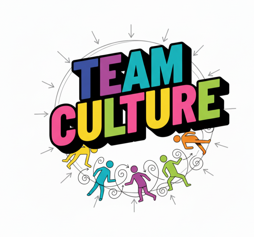 Colorful text reading 'Team Culture' with arrows and abstract human figures around it.