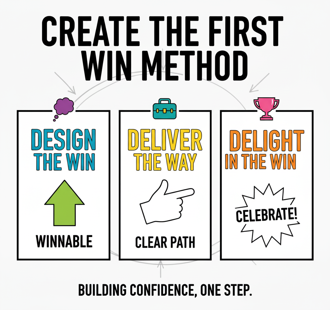 Create the first win. Learn the skills to help others change. Framework for Growth and Building the Skills you need - Leadership - Science Backed Tools at Coulda Woulda for leaders, parents and humans.