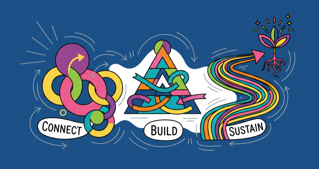 Colorful illustration representing three concepts: connect, build, sustain. Symbolizes one part of the Grow Together Framework for Teams and Families and Parents @ Coulda Woulda.