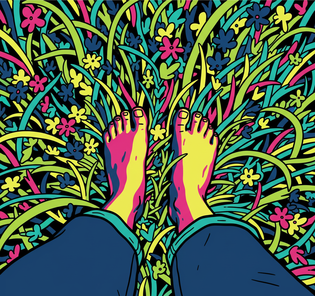 A colorful illustration of bare feet standing in a lush field of grass and small flowers, with the toes pointed upward. Symbolizes one part of the Grow YourselfFramework: Grounded Confidence and Vulnerability @ Coulda Woulda