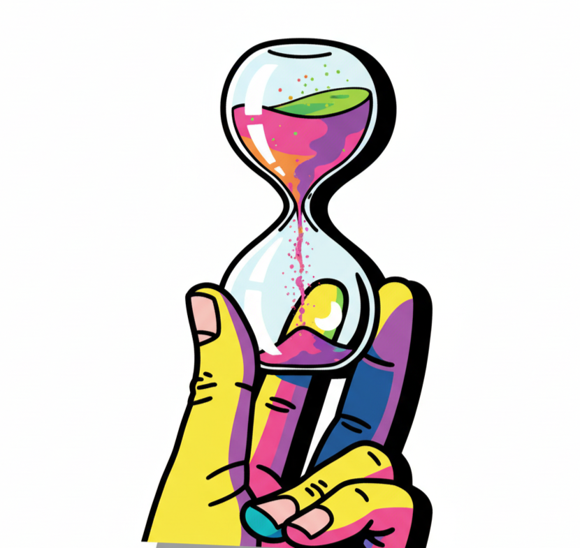 Illustration of a hand holding a colorful hourglass with sand flowing inside. Symbolizes one part of the Grow Yourself Framework:  Protect your Time and Enegergy @Coulda Woulda where you can grow skills that help you as a parent and leader.