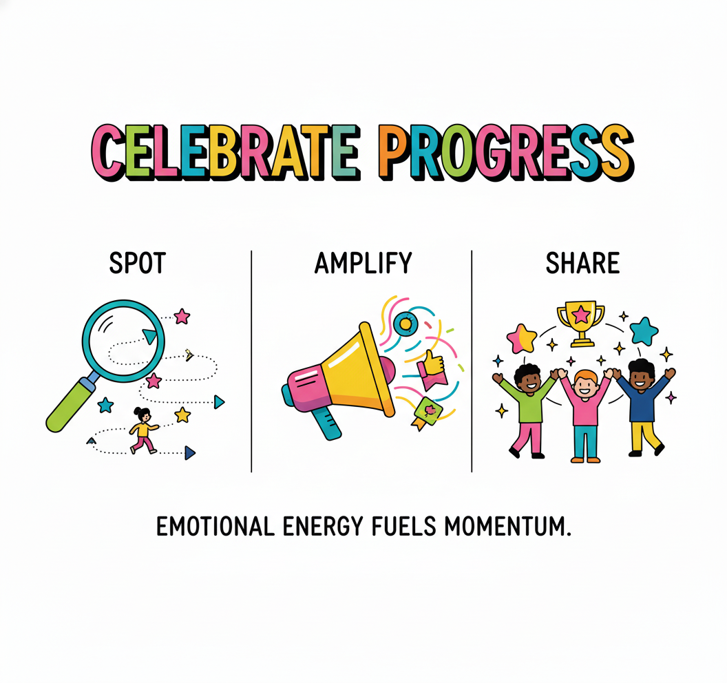 Celebrate Progress to keep momentum going. Learn the skills to help others change. Framework for Growth and Building the Skills you need - Leadership - Science Backed Tools at Coulda Woulda for leaders, parents and humans.